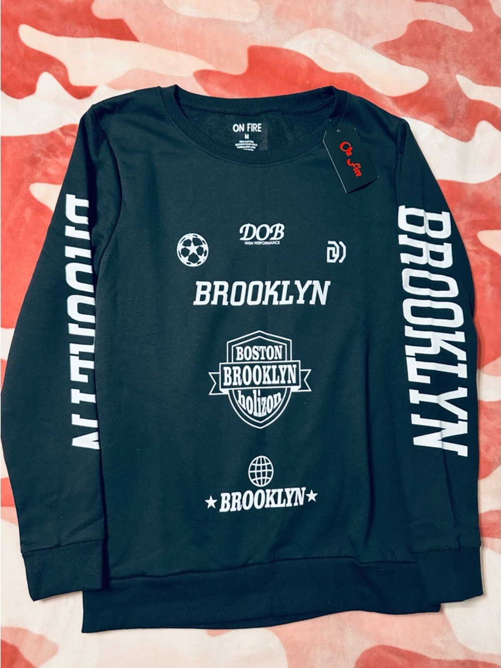 On Fire Black Sweatshirt with White Brooklyn Graphics